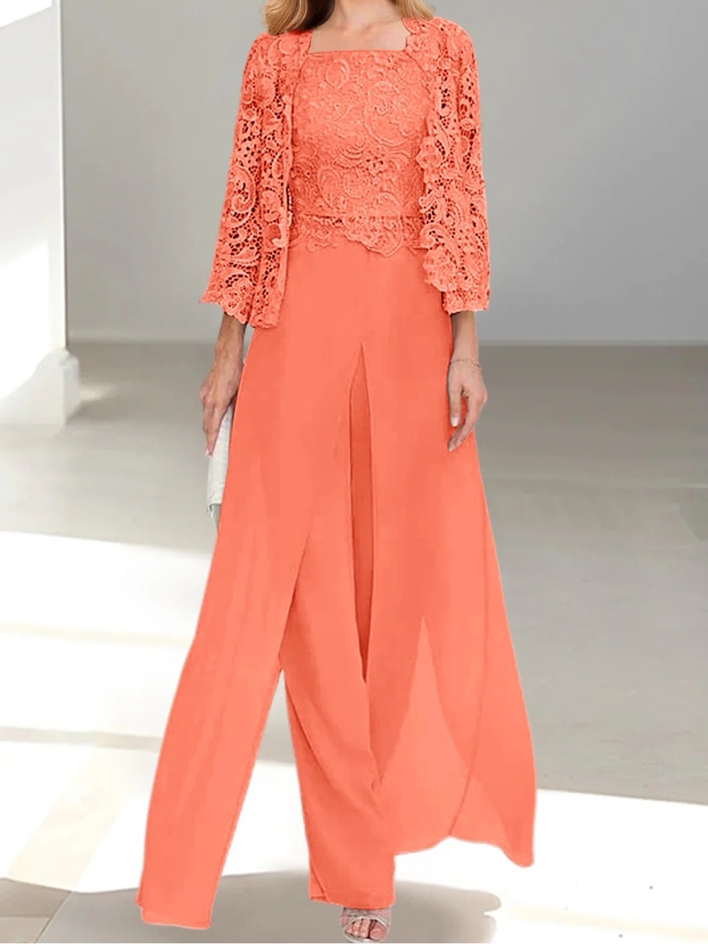 Mother of Bride Groom pants suit chiffon coral lace 3-pc wedding outfits/M NWT